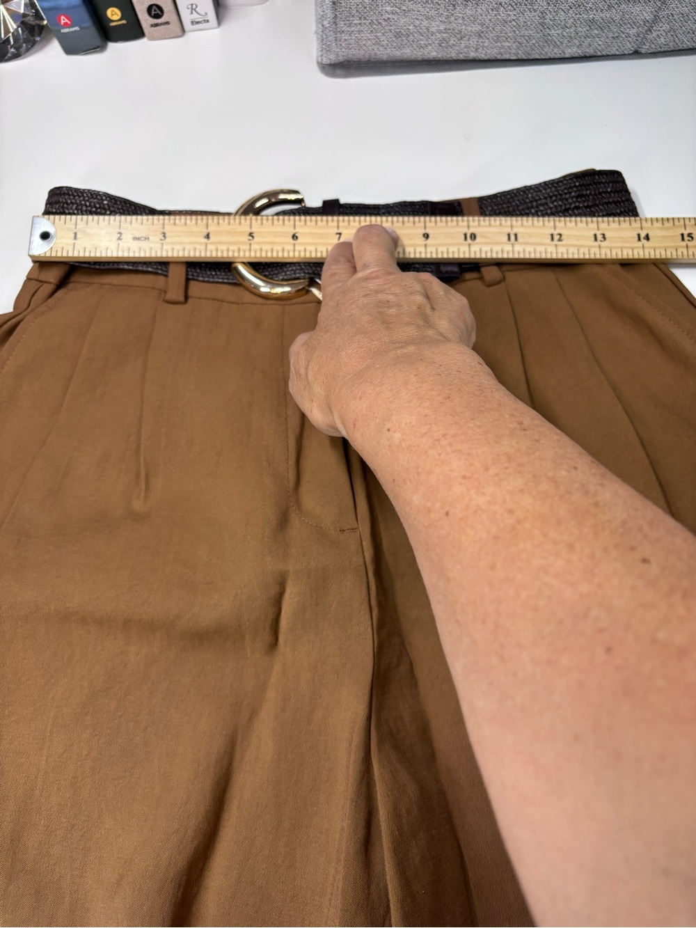 Women's High-Waist Brown Tailored Shorts with Belt - Picture 9 of 15